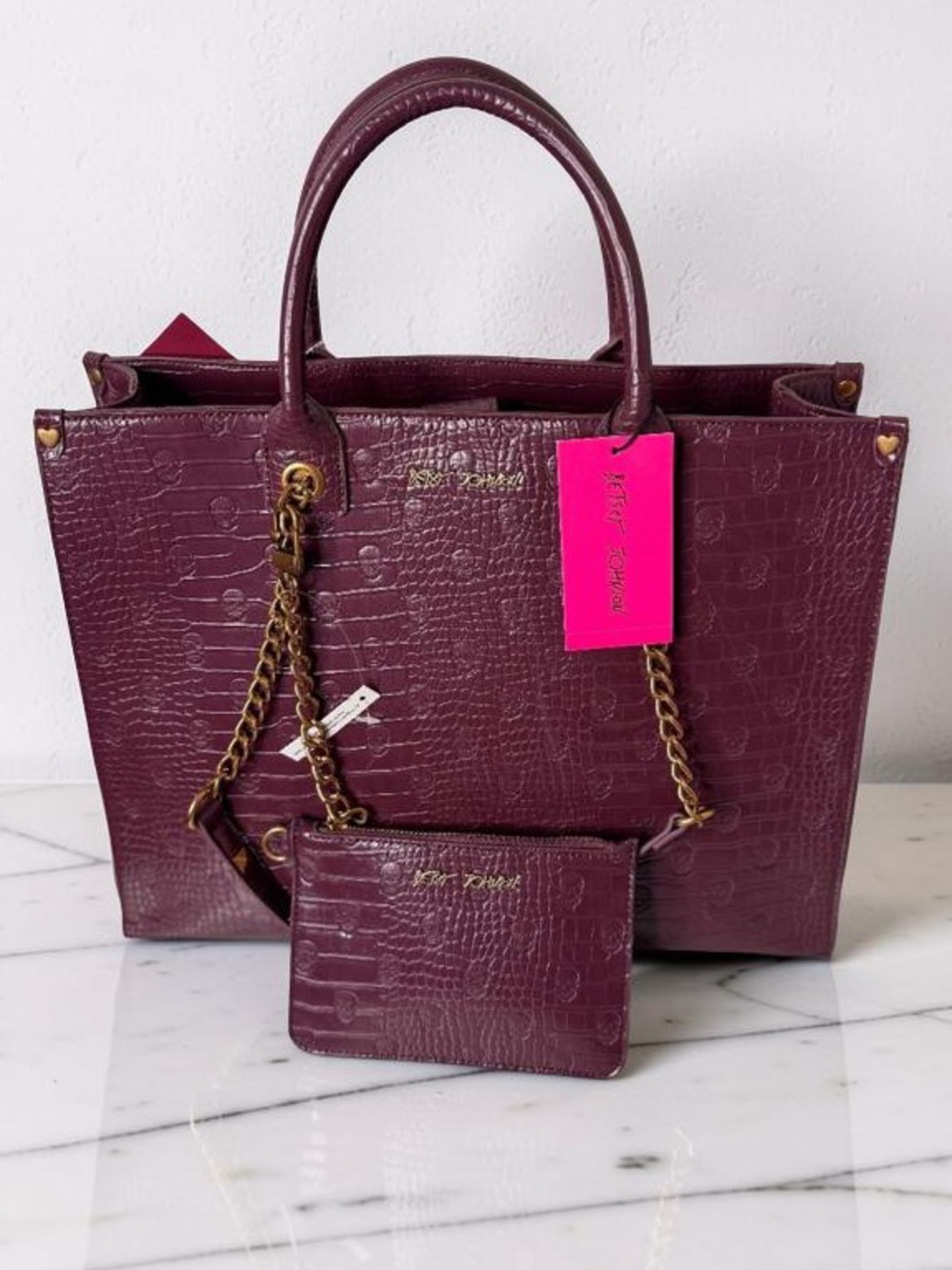 Betsey Johnson dark cherry color,  Textured SKULL embossed Tote with Gold Chain